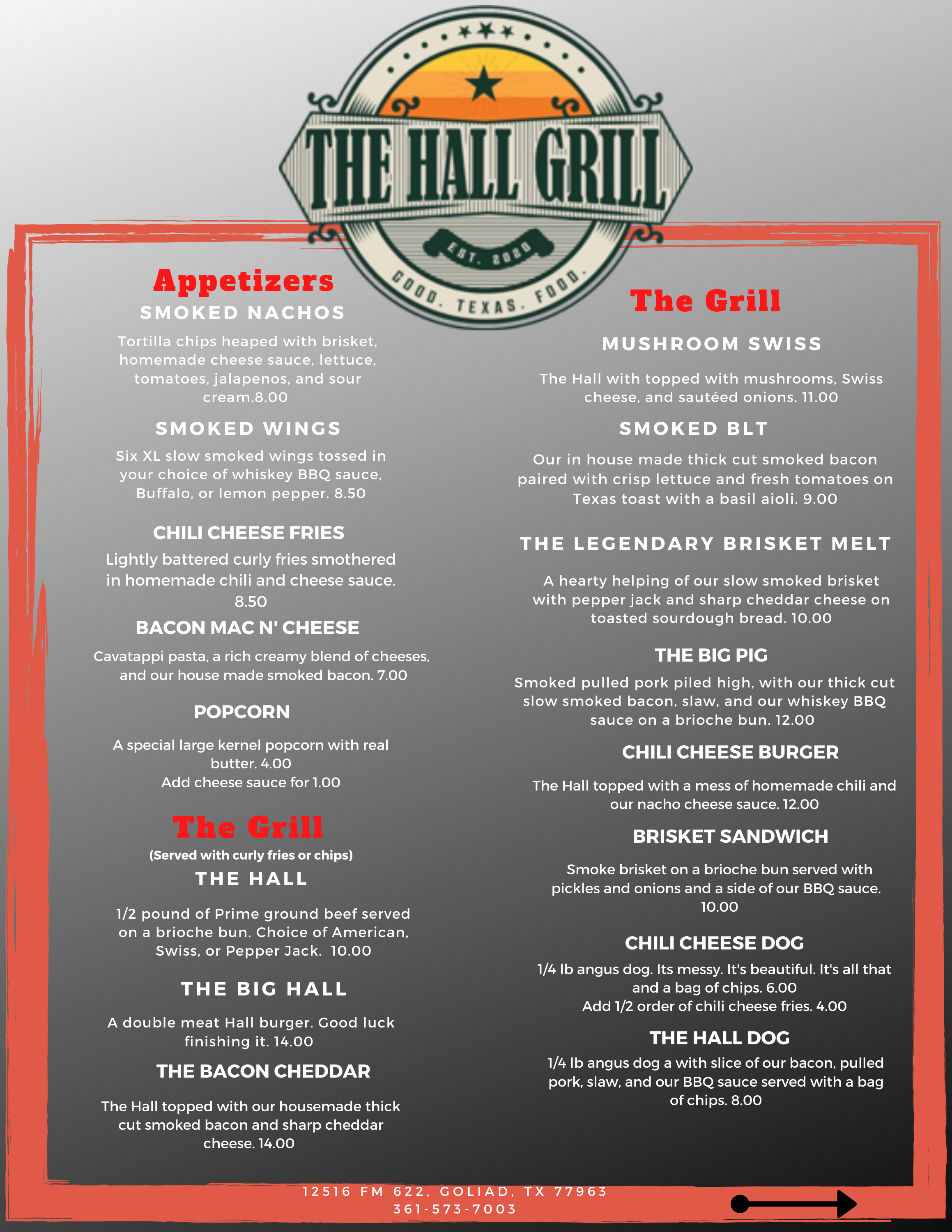 The Hall Grill Menu Page 1 PNG